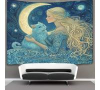 kaiyun 100cmx150cm Tapestry Blonde Woman, Blue Cat Tapestries Night Sky with Crescent Moon Stars And Cosmic Swirl 3D Printing Wall Hanging Home Decorations
