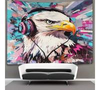 kaiyun 150cmx200cm Tapestry Bald Eagle with Headphones Tapestries Doodle Style 3D Printing Wall Hanging Home Decorations