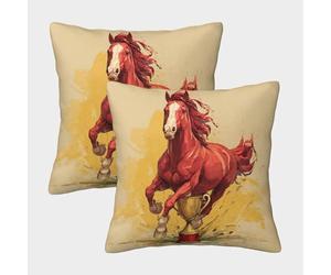 kaiyun 2 Pack 3D A Running Red Horse, A Golden Trophy Cushion 3D Soft Touch Pillowcase,sofa Chair Home Furnishings 50x50cm