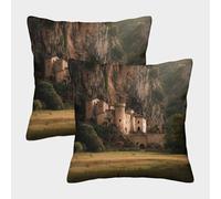 kaiyun 2 Pack 3D Cave Castles on The Cliffs, Medieval Theme Square Cushion Cover Decoration Pillow Cover Suitable for Home Sofa Bedroom Living Room 50x50cm