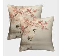 kaiyun 2 Pack 3D Cranes, A Calm, Mirror-like Surface of Water, And Cherry Blossoms in Full Bloom Theme Square Cushion Cover Decoration Pillow Cover Suitable for Home Sofa Bedroom Living Room 45x45cm