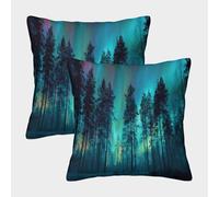 kaiyun 2 Pack 3D Dark Forest Under The Northern Lights Theme Square Cushion Cover Decoration Pillow Cover Suitable for Home Sofa Bedroom Living Room 40x40cm