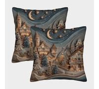 kaiyun 2 Pack 3D Trees, Houses, Starry Sky, Moonlight, River Cushion 3D Soft Touch Pillowcase,sofa Chair Home Furnishings 45x45cm