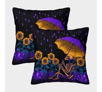 kaiyun 2 Pack 45x45cm Pillow Cases,Skeleton Holding An Umbrella, Sunflowers, Purple Raindrops Decorative 3D Printed Cushion Cover,sofa Bed Decorative Cushions