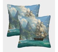 kaiyun 2 Pack 50x50cm Pillow Cases,18th-century Sailing Ships, Jungles, Waterfalls Decorative 3D Printed Cushion Cover,sofa Bed Decorative Cushions