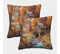 kaiyun 2 Pack 50x50cm Pillow Cases,Rural Wooden Mill Next to The River Decorative 3D Printed Deer Grazing on The Grass Cushion Cover,sofa Bed Decorative Cushions