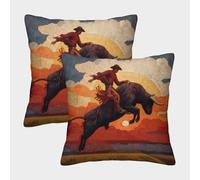 kaiyun 2 Pack A Cowboy Rides A Wild Bull at Sunset 3D Image Printed Single-sided Cushion Cover 45x45cm