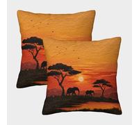 kaiyun 2 Pack African Sunset Scene - Elephant And Acacia Tree Luxury Digital Printed Soft 3D Themed Square Cushion Cover 50x50cm