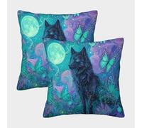 kaiyun 2 Pack Black Wolf, Neon Green Butterfly Under Full Moon Square Pillow Cover Cushion Cover 45x45cm Suitable for Sofa Bed Chair,3D Pattern