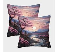 kaiyun 2 Pack Cherry Blossom Sunset 3D Landscape Art Style Cushion Cover Pillow Cover Sofa Outdoor Decoration Square 45x45cm