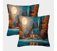 kaiyun 2 Pack Cozy Little Stone House, Tranquil Lakeside Luxury Digital Printed Soft 3D Themed Square Cushion Cover 45x45cm