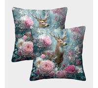 kaiyun 2 Pack Deer, Pink And White Roses Pillow Case 3D Printed Cushion Box Suitable for Home Living Room Decoration Car Pillow Case 40x40cm