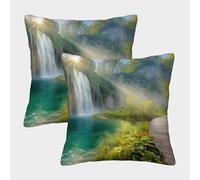 kaiyun 2 Pack Digital Printing 3D A Magnificent Waterfall, An Emerald Green Lake Theme Square Cushion Cover 45x45cm Suitable for Outdoor Home Bed Decoration Pattern