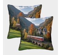 kaiyun 2 Pack Digital Printing 3D Autumn Countryside Theme Square Cushion Cover 45x45cm Suitable for Outdoor Home Bed Decoration Passenger Train Old Stone Bridge Pattern