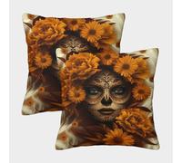 kaiyun 2 Pack Digital Printing 3D Sugar Skull Theme Square Cushion Cover 45x45cm Suitable for Outdoor Home Bed Decoration Marigold Flowers Pattern