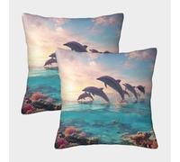 kaiyun 2 Pack Jumping And Playing Dolphins,Coral Reef Lagoon Pillow Case 3D Printed Cushion Box Suitable for Home Living Room Decoration Car Pillow Case 40x40cm