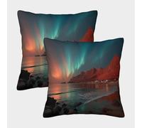 kaiyun 2 Pack Lofoten Islands, Norway Luxury Digital Printed Soft 3D Beautiful Northern Lights Themed Square Cushion Cover 45x45cm