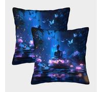 kaiyun 2 Pack Lotus Flowers Blooming in The Pond at Night, Buddha Statue 3D Cushion Cover Pillow Cover Sofa Outdoor Decoration Square 50x50cm