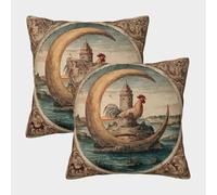 kaiyun 2 Pack Medieval Illustration with A Crescent Moon, A Chicken, And A Tower in A Lake 3D Image Printed Single-sided Cushion Cover 40x40cm
