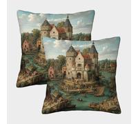kaiyun 2 Pack Medieval Stone Castle, People And Animals Pillow Case 3D Printed Cushion Box Suitable for Home Living Room Decoration Car Pillow Case 50x50cm