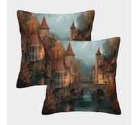 kaiyun 2 Pack Medieval Towns 3D Autumn Surrounded by Trees Cushion Cover Pillow Cover Sofa Outdoor Decoration Square 50x50cm