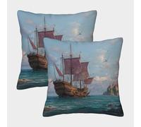 kaiyun 2 Pack Merchant Ships, Medieval Style Pillow Case 50x50cm Throw Pillow Case,Modern Decoration Pattern for Terrace Sofa Bedroom Indoor Outdoor Party