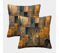 kaiyun 2 Pack Sacred Forest at Dusk People Praying Under Ancient Trees Pillow Case Home Decoration Sofa Cushion Cover 45x45cm