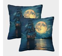 kaiyun 2 Pack Ship Sailing 3D Image Full Moon Printed Single-sided Cushion Cover 45x45cm