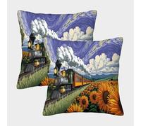 kaiyun 2 Pack The Sunflower Train Shuttles through A Sea of Blooming Flowers Square Pillow Cover Cushion Cover 50x50cm Suitable for Sofa Bed Chair,3D Pattern