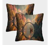 kaiyun 2 Pack Throw Pillowcase 50x50cmA Boat Floats on The Stone Arch Bridge on The Lake in Autumn Pattern Cushion Cover Home Decoration