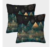kaiyun 2 Pack Throw Pillowcase 50x50cmOn A Night on The Nile, Crowds Celebrated Under The Moonlight in Ancient Egypt Pattern Cushion Cover Home Decoration
