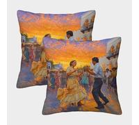 kaiyun 2 Pack Throw Pillowcase 50x50cmSunrise,People Dancing in The Town Square Pattern Cushion Cover Home Decoration