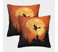 kaiyun 2 Pack Throw Pillowcase 50x50cmWitch Flying on A Broom in Front of A Full Moon Pattern Cushion Cover Home Decoration