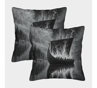 kaiyun 2 Pack Viking Longships Burn on The Lake, Black And White Patterns Square Pillow Cover Cushion Cover 40x40cm Suitable for Sofa Bed Chair,3D Pattern