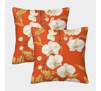 kaiyun 2 Pack White Orchid Pattern Pillow Case 3D Orange Background Printed Cushion Box Suitable for Home Living Room Decoration Car Pillow Case 45x45cm