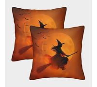 kaiyun 2 Pack Witch Riding A Broom And Huge Orange Full Moon Personalised Cushion Cover Home Sofa Decoration 50x50cm Pillow Covers