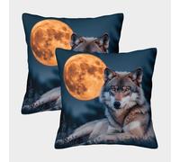 kaiyun 2 Pack Wolf Luxury Digital Printed Soft 3D Orange Full Moon Themed Square Cushion Cover 45x45cm