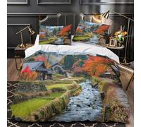 kaiyun 3D Beautiful Japanese Countryside in Autumn Duvet Cover Sets Bedding 3Pcs Comforter Cover Soft & Cosy Printed Microfibre Quilt Covers Super King（260x220cm）