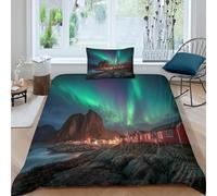kaiyun 3D Coastal Village in Lofoten Islands, Norway Duvet Cover Sets Northern Lights Bedding 3Pcs Comforter Cover Soft & Cosy Printed Microfibre Quilt Covers Single（135x200cm）