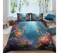 kaiyun 3D Coral Reef Comforter Cover Set Microfibre Duvet Cover Seahorse with Sunlight Shining through Underwater Printed Bedding Set Easy-Care Quilt Cover 3Pcs with Pillowcase Double（200x200cm）