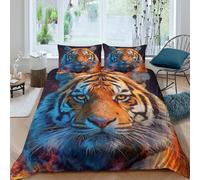 kaiyun 3D Fierce Tiger-Flame Comforter Cover Set Microfibre Duvet Cover Printed Bedding Set Easy-Care Quilt Cover 3Pcs with Pillowcase Double（200x200cm）