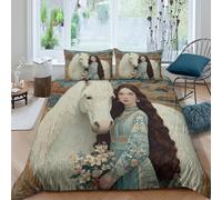 kaiyun 3D Printed Brown-haired Woman Holding Flowers Bedding Set with Pillowcase,white Horse Village Duvet Cover with Zipper Closure,Soft Microfiber Quilt Cover King（220x240cm）