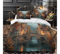 kaiyun 3D Printed Medieval Towns Bedding Set with Pillowcase,Autumn Surrounded by Trees Duvet Cover with Zipper Closure,Soft Microfiber Quilt Cover Super King（260x220cm）