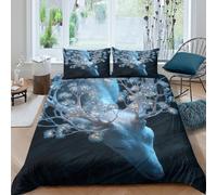 kaiyun 3D Printed The Mysterious White Deer Bedding Set with Pillowcase,Shimmering Blue Antlers Duvet Cover with Zipper Closure,Soft Microfiber Quilt Cover King(220x240cm)