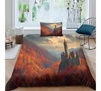 kaiyun 3D The Castle Perched High Above The Fiery Autumn Valley Comforter Cover Set Microfibre Duvet Cover Printed Bedding Set Easy-Care Quilt Cover 3Pcs with Pillowcase Single(135x200cm)