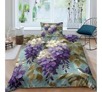 kaiyun 3D Wisteria Pattern Comforter Cover Set Microfibre Duvet Cover Printed Bedding Set Easy-Care Quilt Cover 3Pcs with Pillowcase Single(135x200cm)