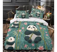 kaiyun 3Pcs Bedding Set Panda Holding Bamboo Printed Quilt Cover,3D Little Red Flower Duvet Cover for Kids Adult, Microfibre, With Zipper Closure Set Super King（260x220cm）