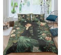 kaiyun 3Pcs Bedding Set The Green Witch And The Cat in The Rose Garden Printed Quilt Cover,3D Duvet Cover for Kids Adult, Microfibre, With Zipper Closure Set Single（135x200cm）
