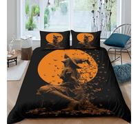 kaiyun 3Pcs Bedding Set Witch Looking at The Moon at Night with Bats Printed Quilt Cover,3D Duvet Cover for Kids Adult, Microfibre, With Zipper Closure Set King（220x240cm）