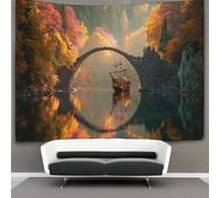 kaiyun 70cmx100cm Tapestry A Boat Floats on The Stone Arch Bridge on The Lake in Autumn Tapestries 3D Printing Wall Hanging Home Decorations